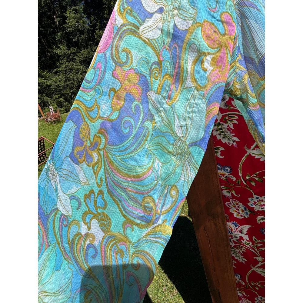 Turquoise Flare Sleeve Sheer Psychedelic Pastel Jeweled Babydoll Blouse - Picture 15 of 15